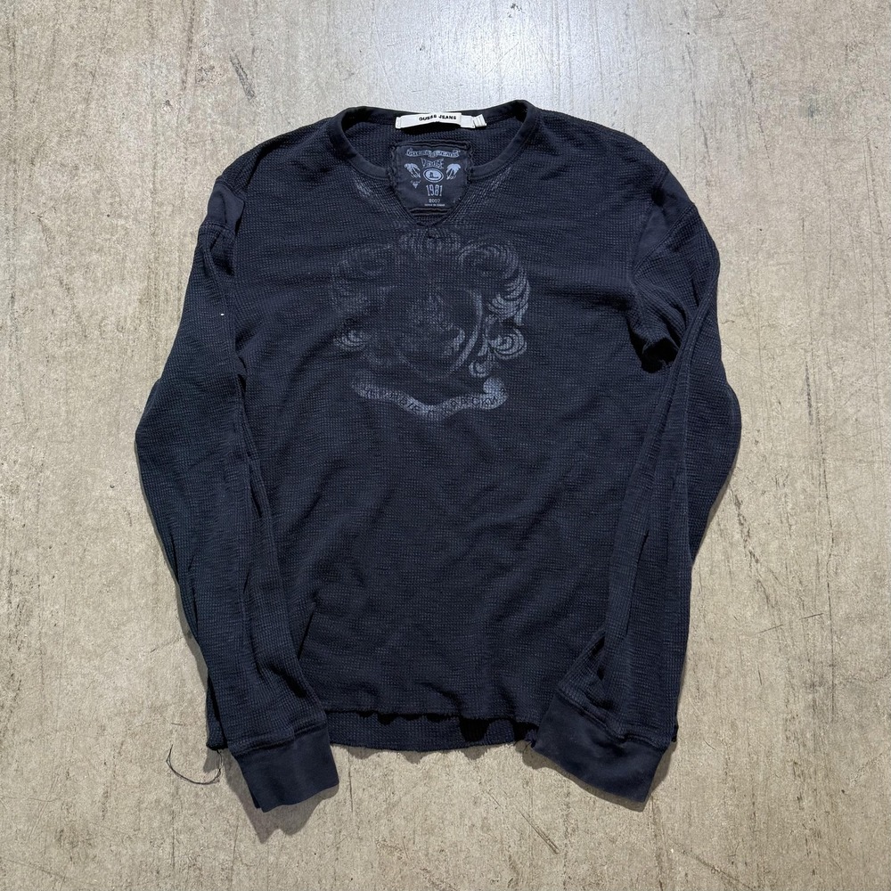 Guess Jeans Shirt womens Large Black Long Sleeve Thermal Graphic Crest Logo Tee